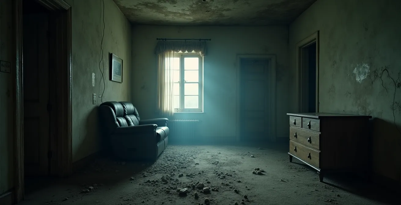 Illustration conceptuelle montrant les dangers invisibles comme amiante et moisissures dans une maison