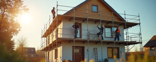 Illustration symbolique d'une maison en rénovation avec professionnels au travail montrant expertise et qualité