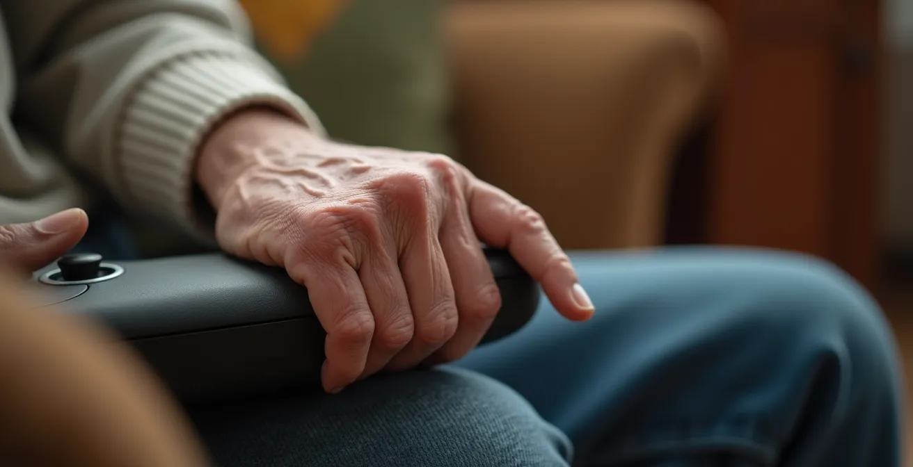 Vue macro d'une main de personne âgée utilisant avec assurance les commandes d'un monte-escalier