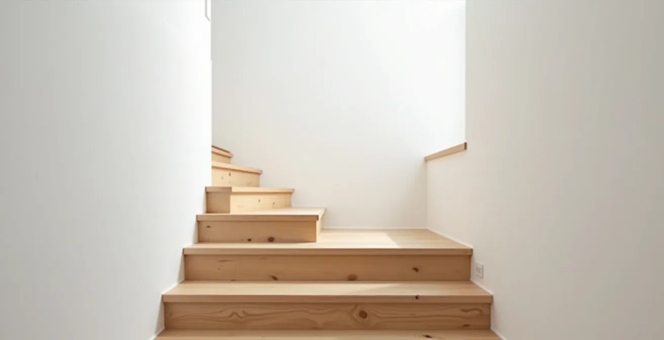 Vue large d'un escalier intérieur moderne montrant les espaces de dégagement réglementaires avec une perspective architecturale épurée