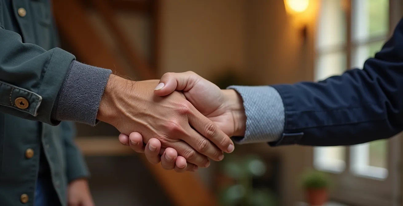 Gros plan sur une poignée de main professionnelle symbolisant un accord de confiance entre client et installateur
